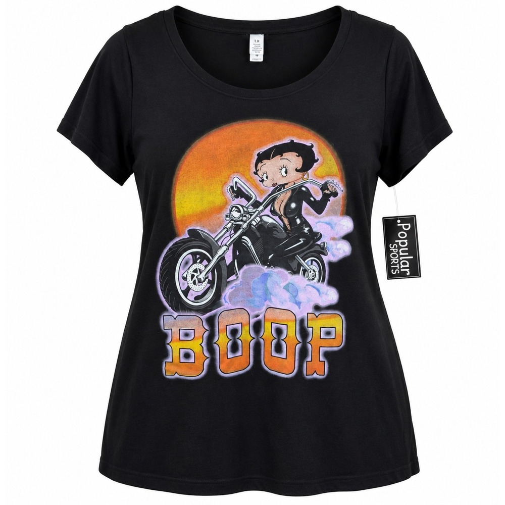 Popular Sports Betty Boop Motorcycle Graphic T-Shirt Black Womens 1X NWT